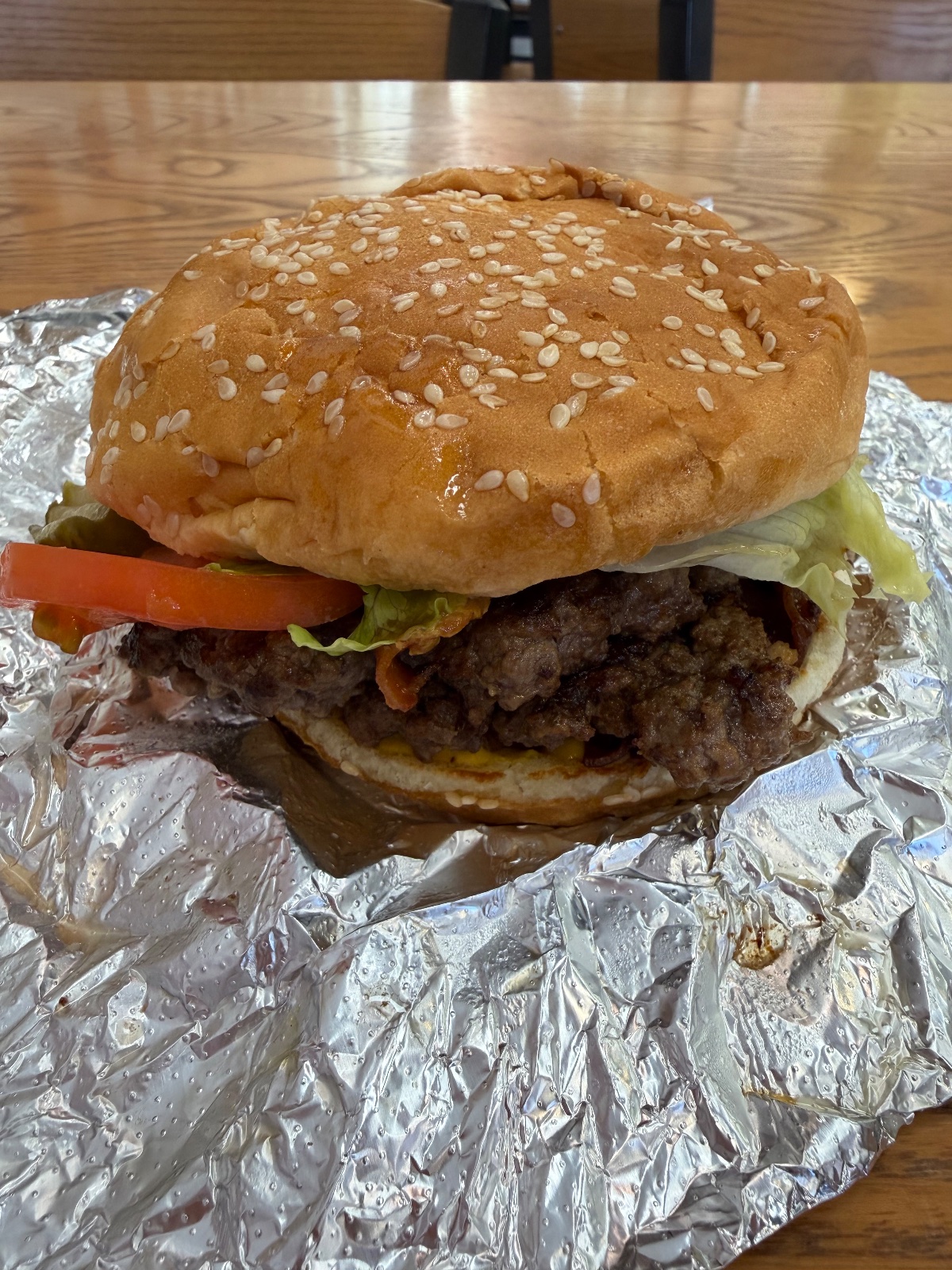 Five Guys burger, photographed on inspection