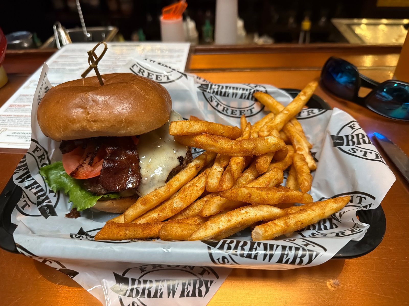 Front Street Brewery burger, photographed on inspection