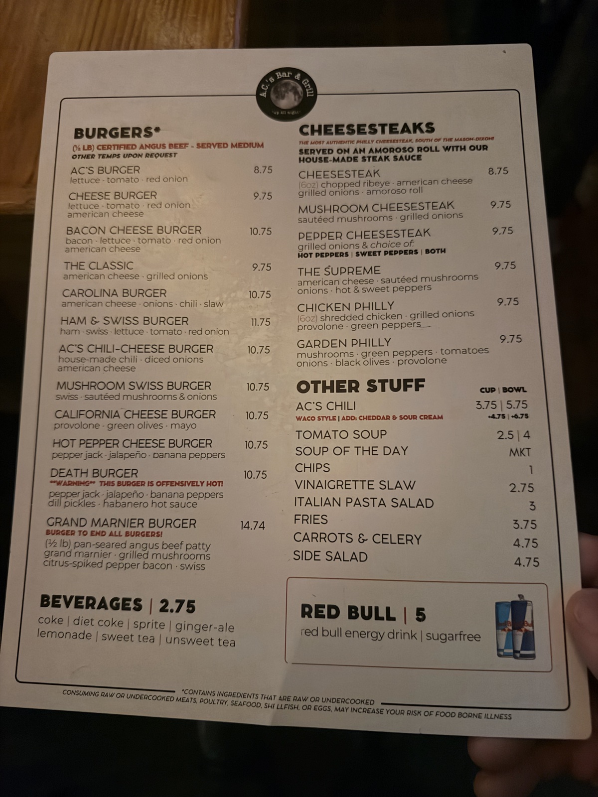 A.C.'s Bar & Grill menu, page 1 of 2
