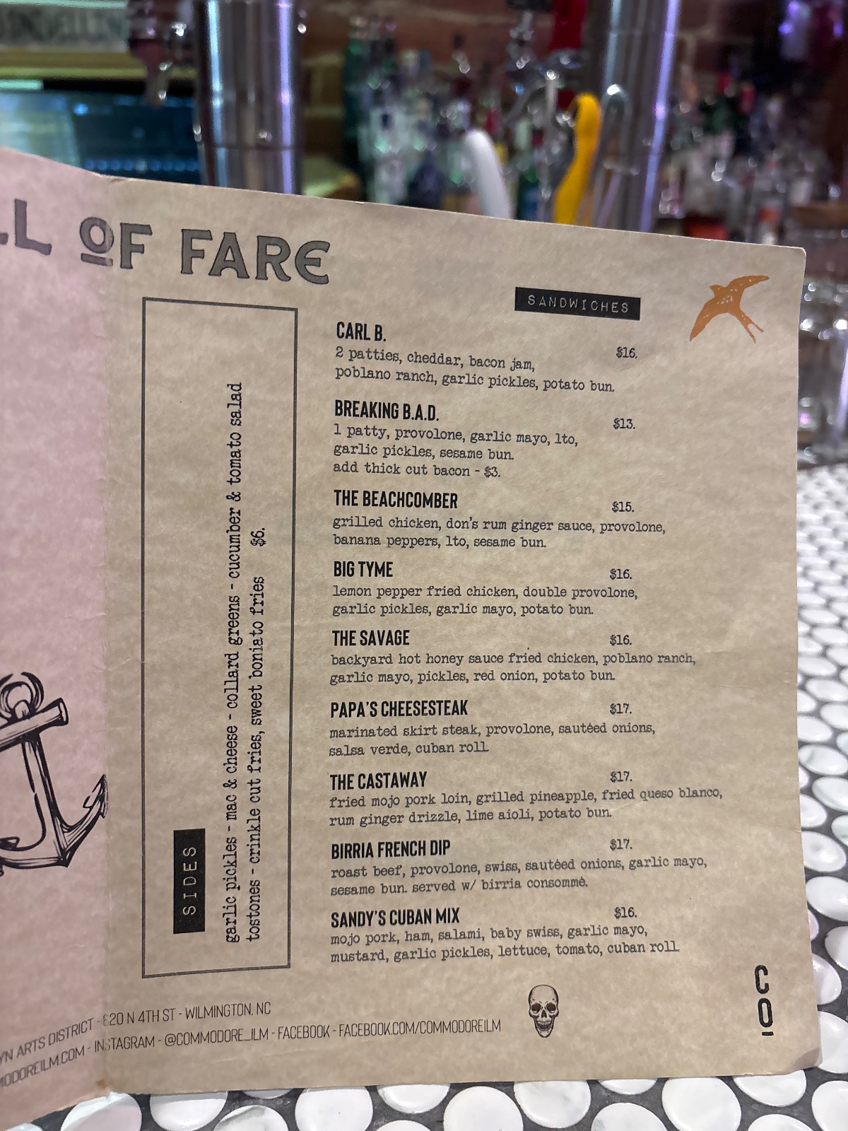 Commodore Public House & Kitchen menu, page 1 of 2