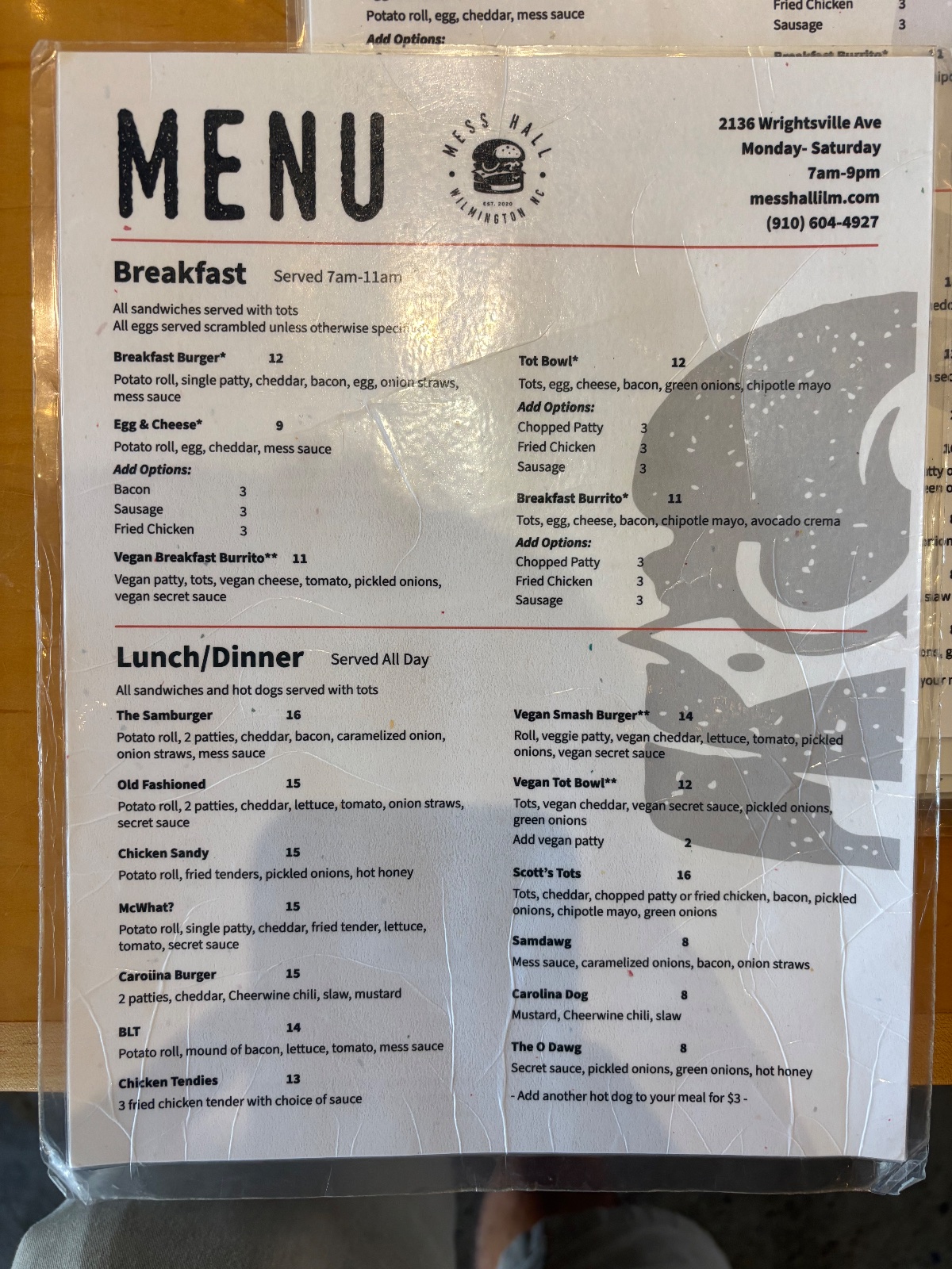 Mess Hall menu