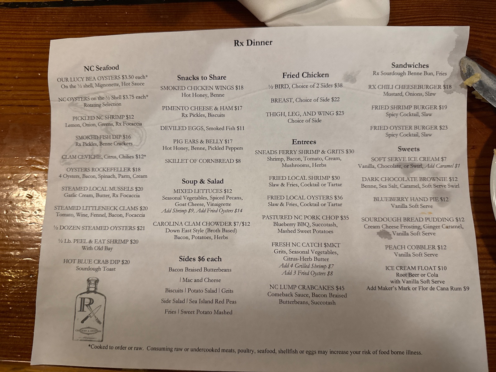 Rx Chicken and Oysters menu
